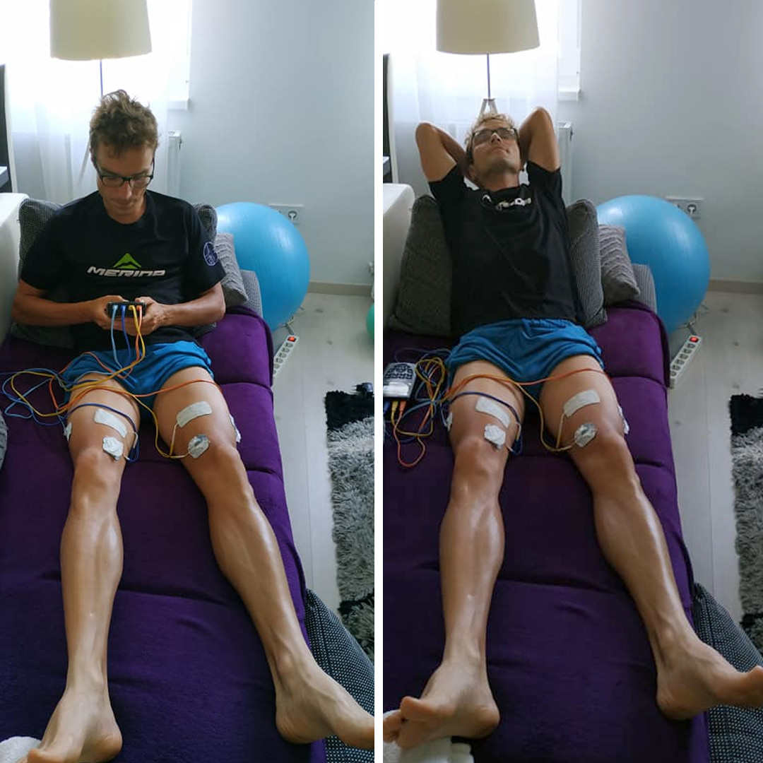 Petsuk Zoltán triatlon bajnok elektrostimulációs kezelést végez.